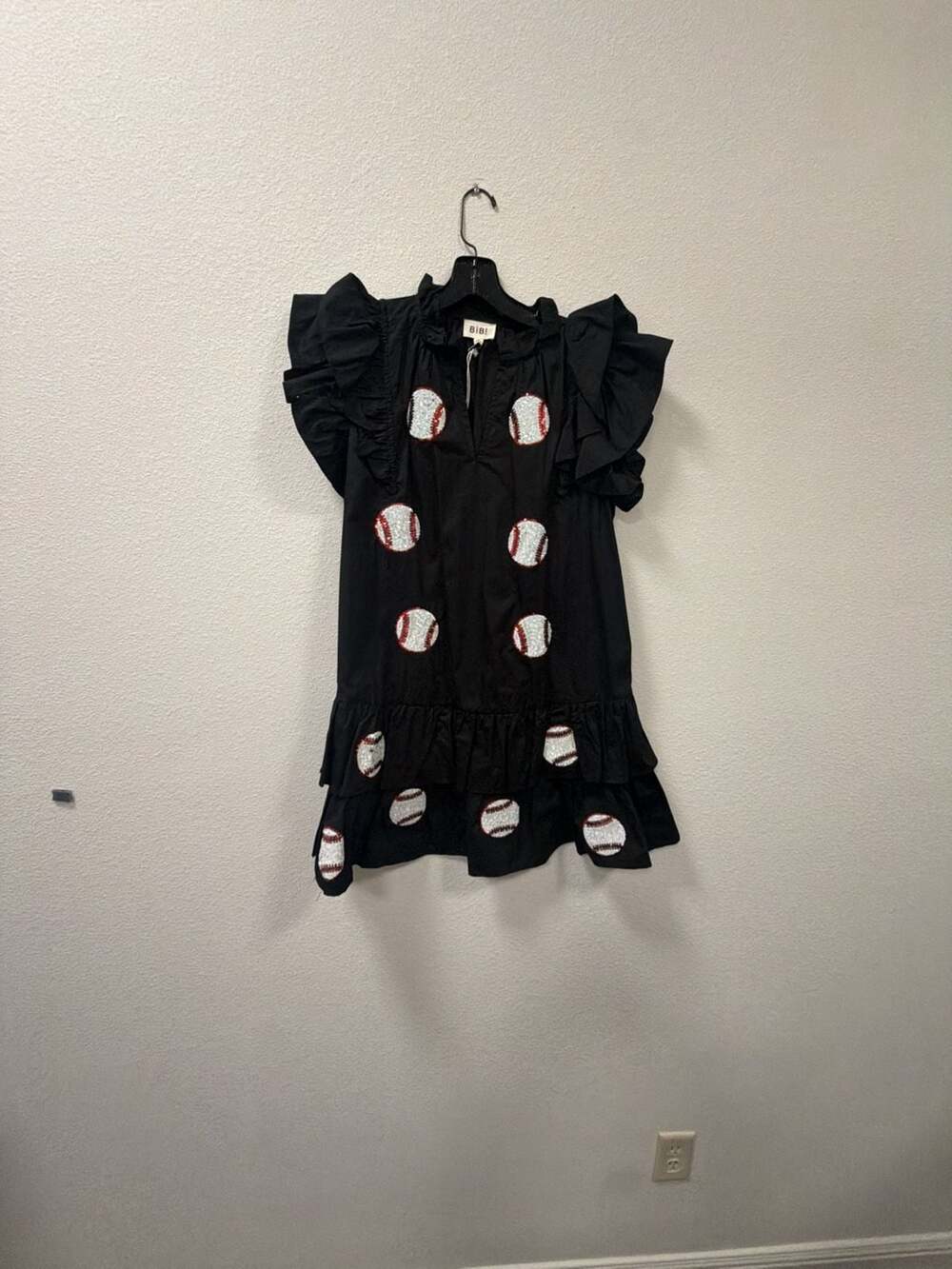 BIBI Baseball Patch Gameday Dress Size M Black Sequins Ruffle Mini